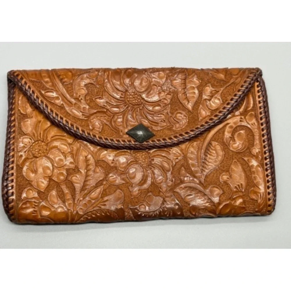 Vtg Art Deco‎ Era Handcrafted Leather Clutch Floral Tooling & Silver Cabochon